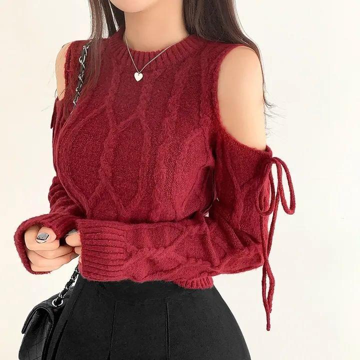 Cold Shoulder Bow Detail Cable Knit Sweater Product Image