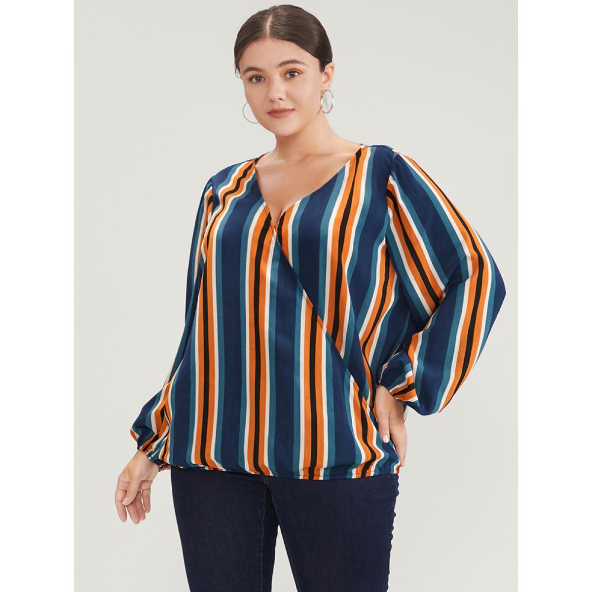 Plus Size Indigo Striped Lantern Sleeve Wrap Blouse Women Office Long Sleeve V-neck Work Blouses BloomChic 10/M Product Image