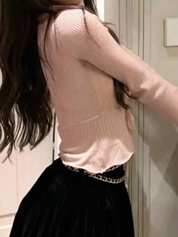 Ribbed Pearl Button Lace Up Long Sleeve Knit Product Image