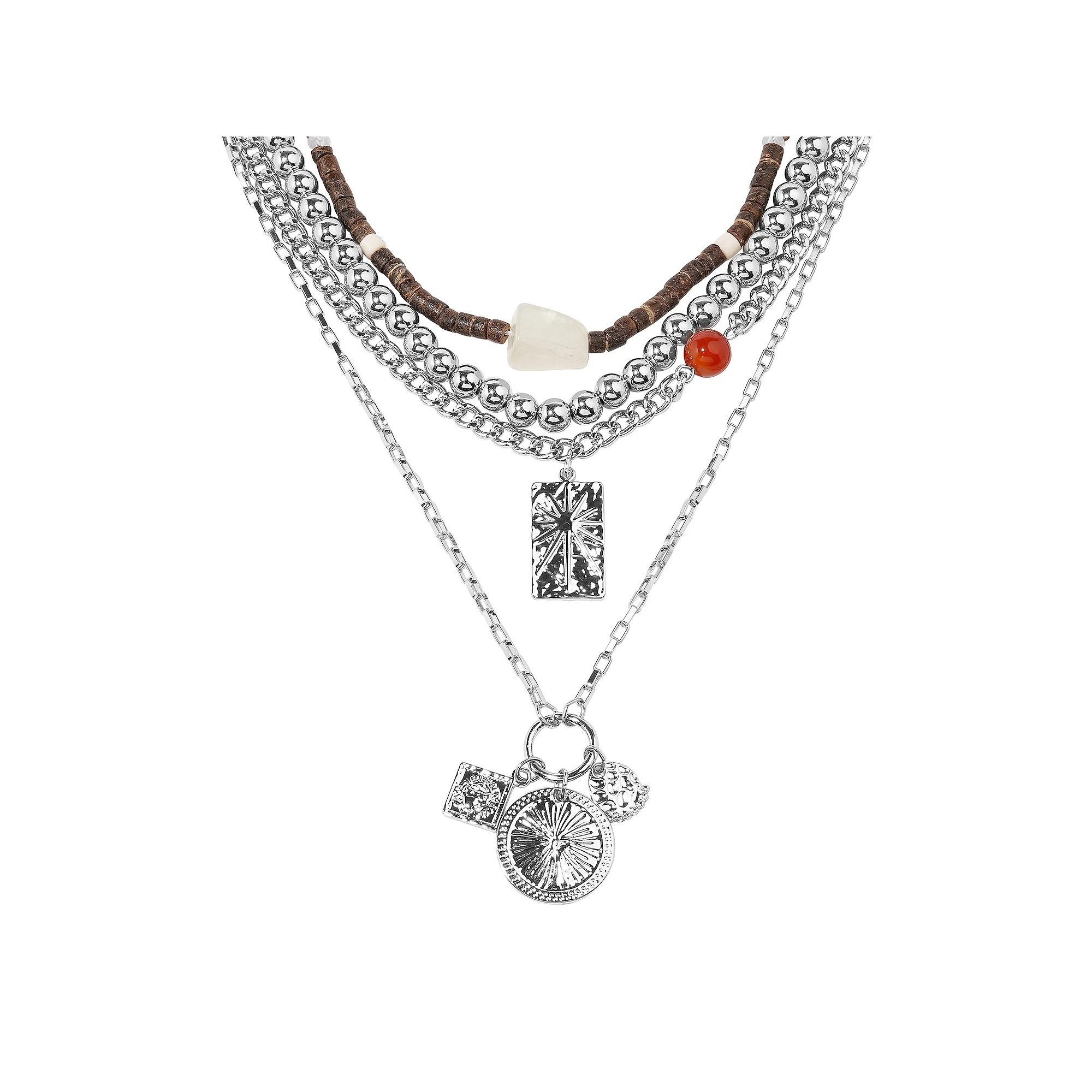 Emberly Silver Tone Triple Pendant Multi Row Charm Necklace, Women's Product Image