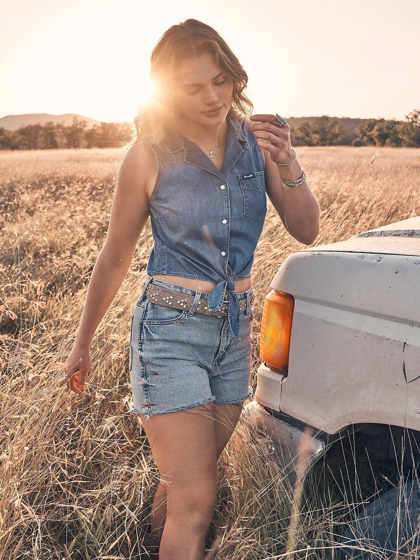 Women's Denim Sleeveless Tie Front Shirt | Women's TOPS | Wrangler® Product Image