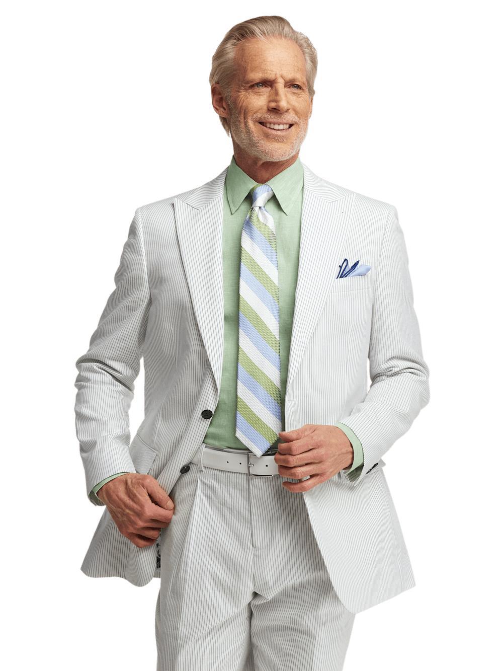 Cotton Stretch Stripe Seersucker Single Breasted Peak Lapel Suit Jacket - White/blue Product Image