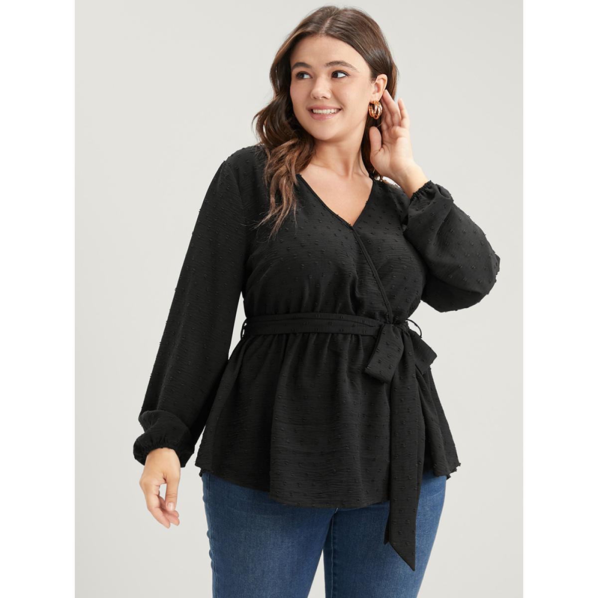 Plus Size Black Polka Dot Wrap Belted Ruffles Blouse Women Elegant Long Sleeve V-neck Dailywear Blouses BloomChic 26/4X Product Image