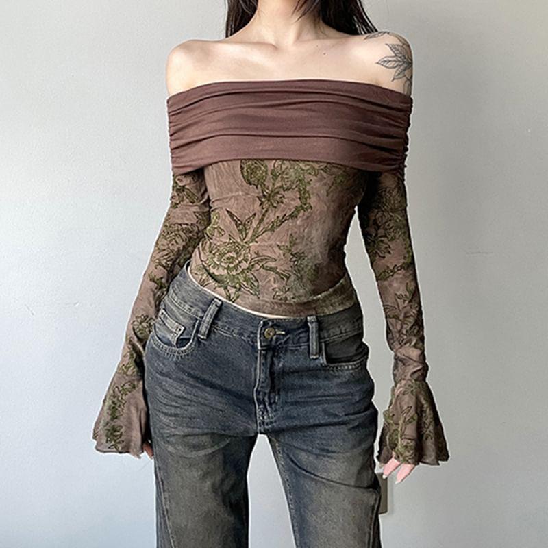 Flared-Sleeve Off-Shoulder Floral Tee Product Image