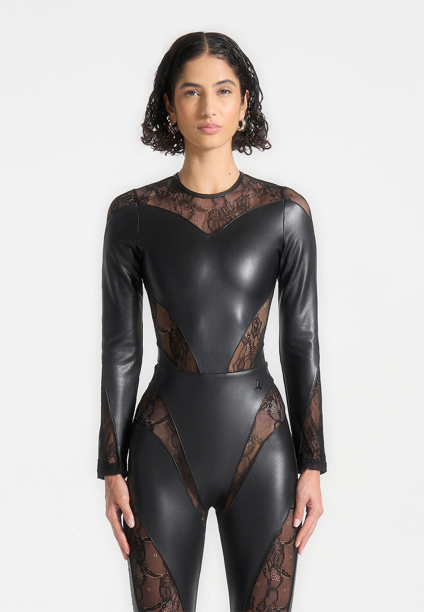 Leather and Lace Contour Bodysuit - Black Female Product Image