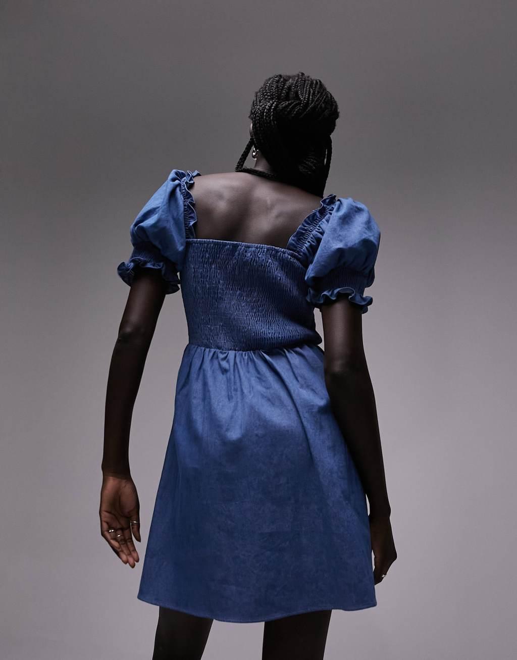 Topshop shirred mini tea dress with puff sleeves Product Image