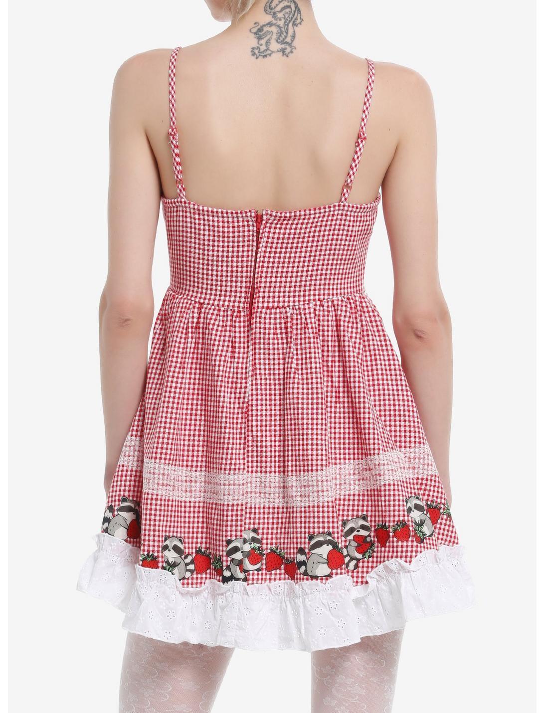 Thorn & Fable Raccoons & Strawberries Red Gingham Cami Dress Product Image