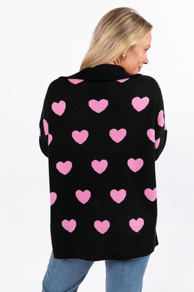 Pulling Heartstrings Black and Pink Heart Print Quarter Zip Pullover FINAL SALE Product Image