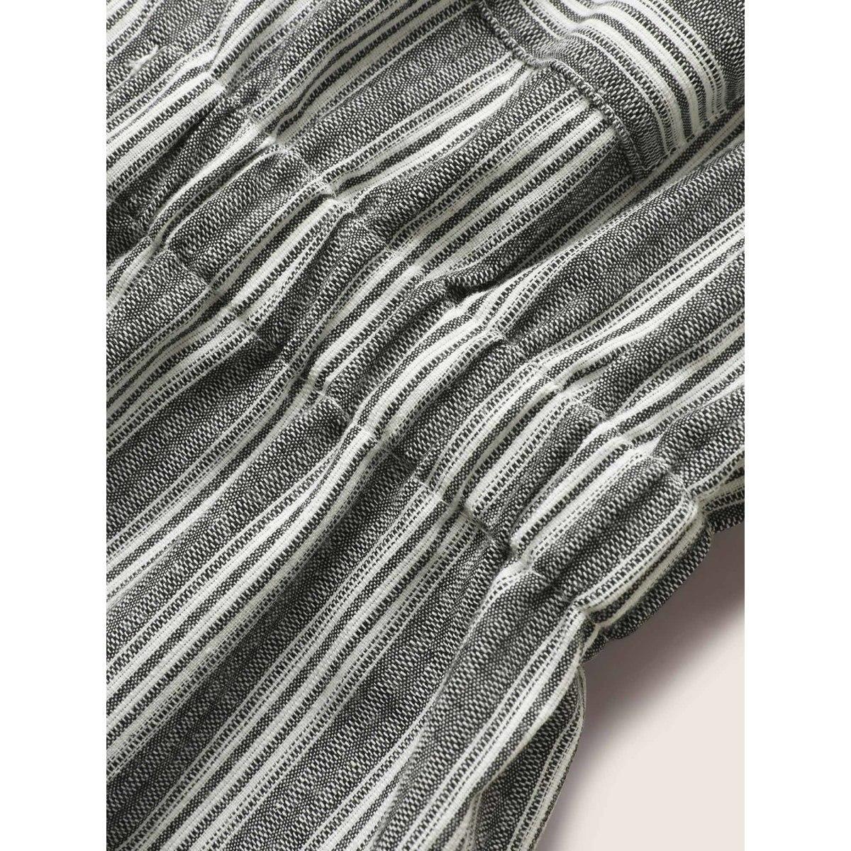 Plus Size Striped Button Up Patched Pocket Short Dress Mediumgray Women Work From Home Gathered Shirt collar Half Sleeve Curvy BloomChic 10/M Product Image