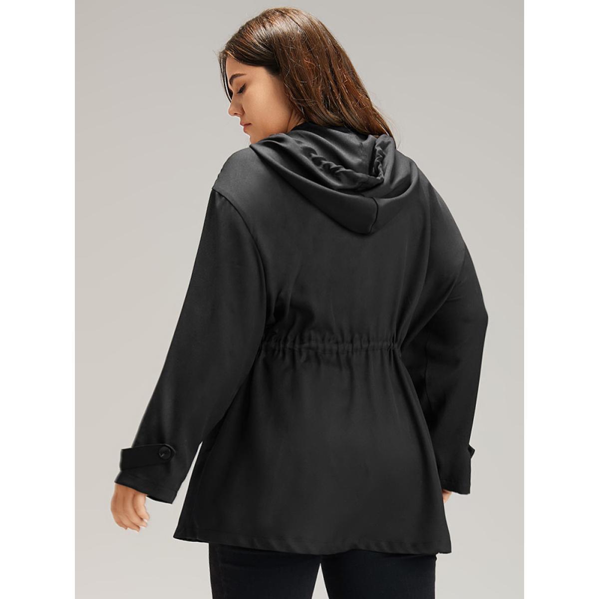 Plus Size Floral Embroidered Elastic Waist Hooded Drawstring Coat Women Black Zipper Pocket Dailywear Jackets BloomChic 30/6X Product Image