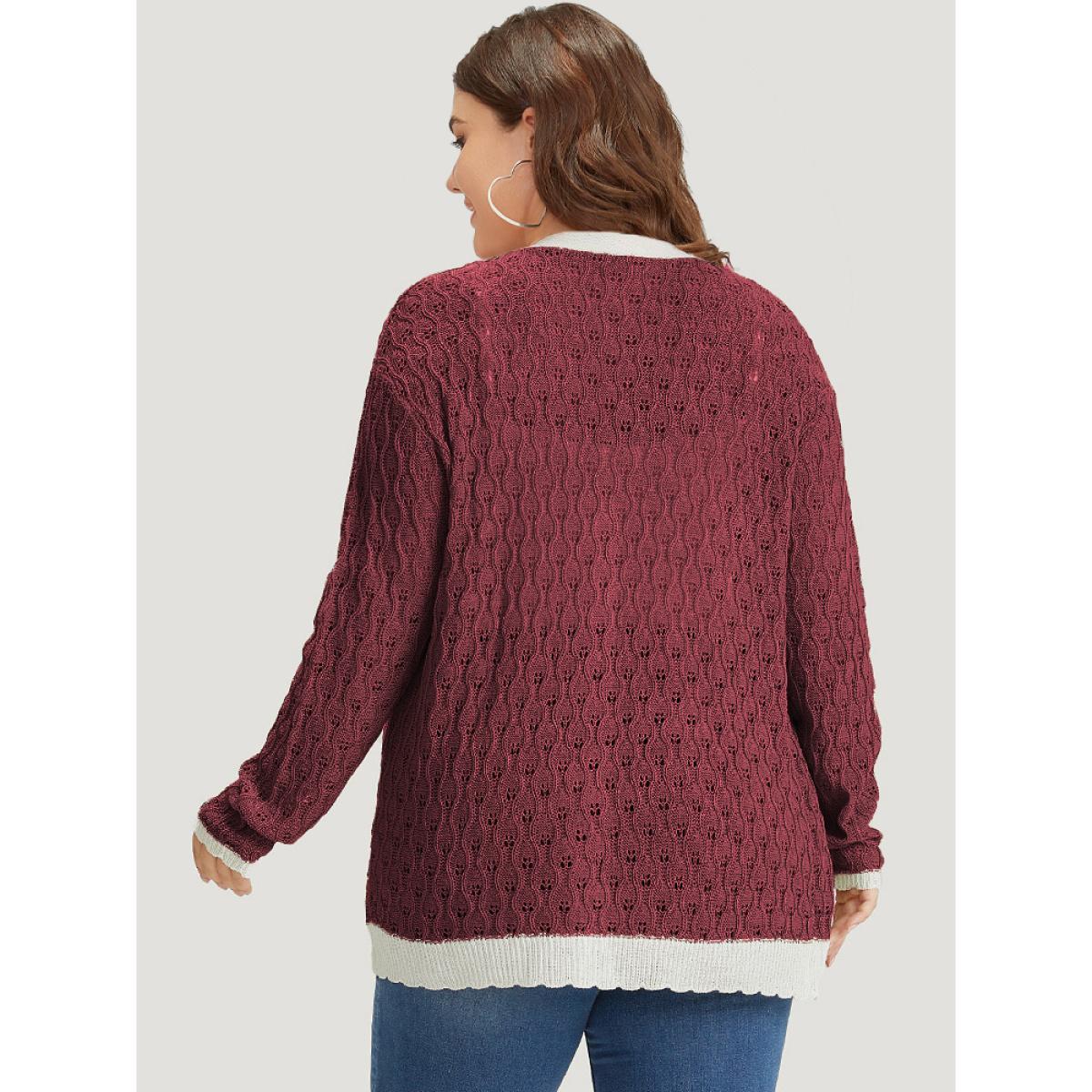 Plus Size Two Tone Patchwork Cut Out Button Down Cardigan Burgundy Women Casual Loose Long Sleeve Work Cardigans BloomChic 10/M Product Image