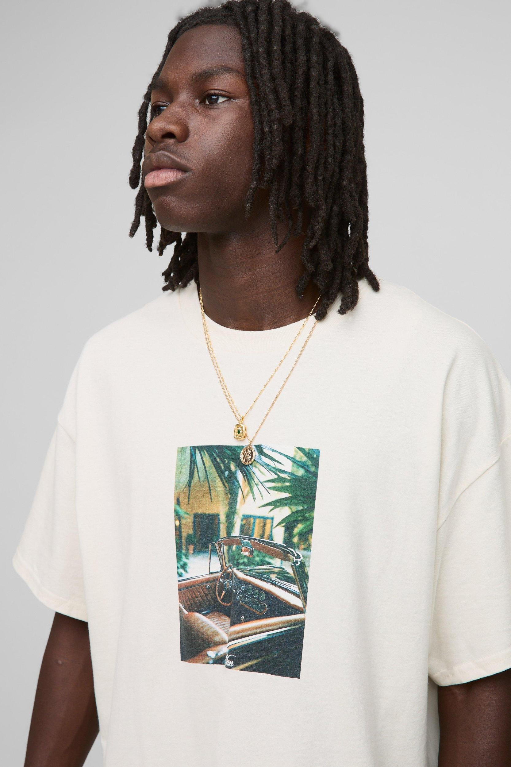Ecru Oversized MAN Moto Printed T-Shirt | boohooMAN USA Product Image