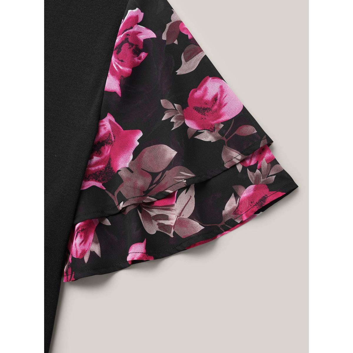 Plus Size Stretchy Floral Lotus Sleeve V-Neck T-Shirt Black Women Casual Contrast Round Neck Everyday T-shirts BloomChic 12/L Product Image