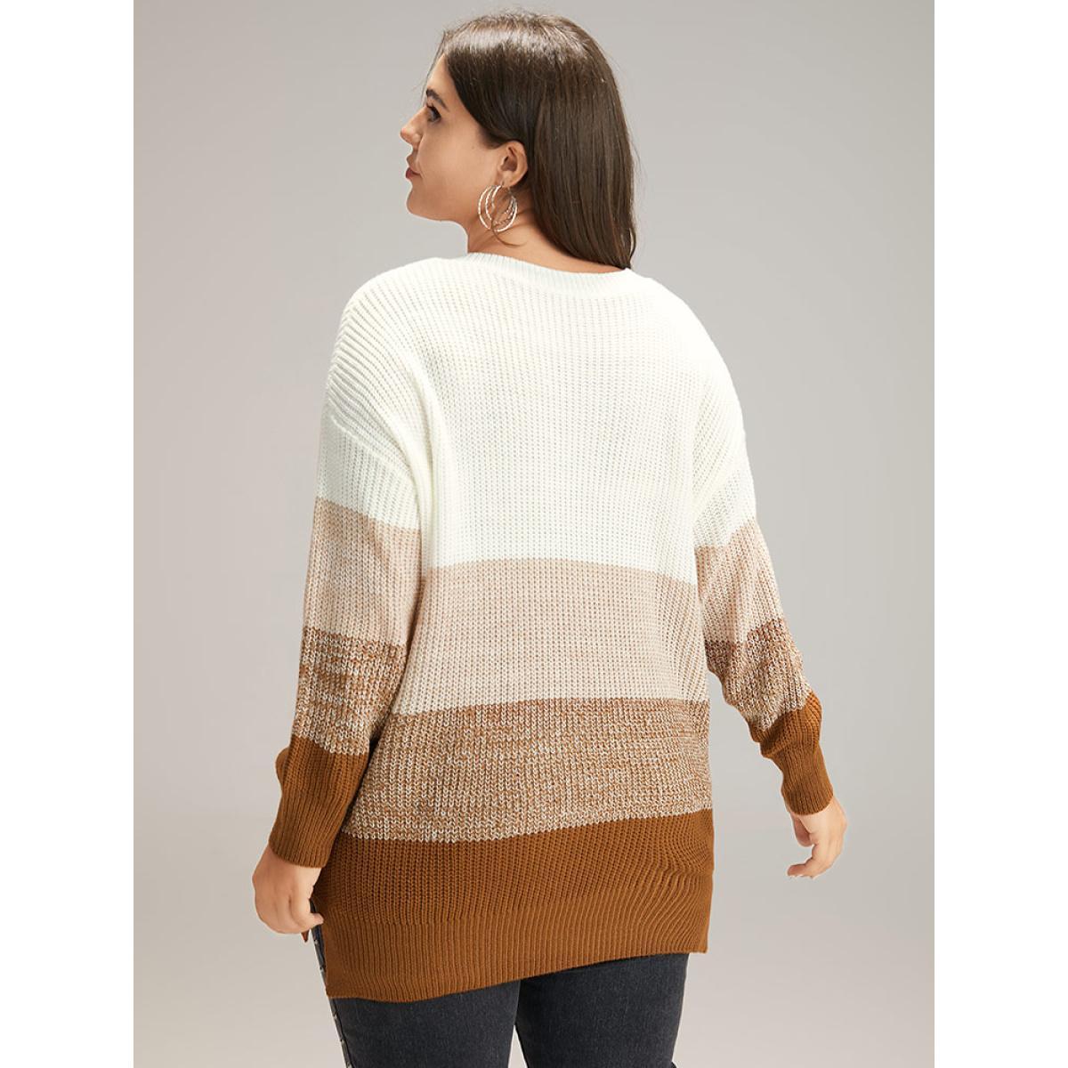 Plus Size Heather Split Side Contrast V Neck Pullover Multicolor Women Casual Loose Long Sleeve V-neck Dailywear Pullovers BloomChic 28/5X Product Image