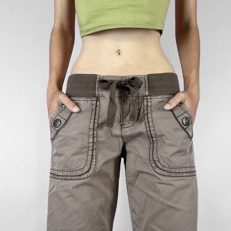 Low Waist Drawstring Plain Straight-Fit Wide Leg Jeans Product Image