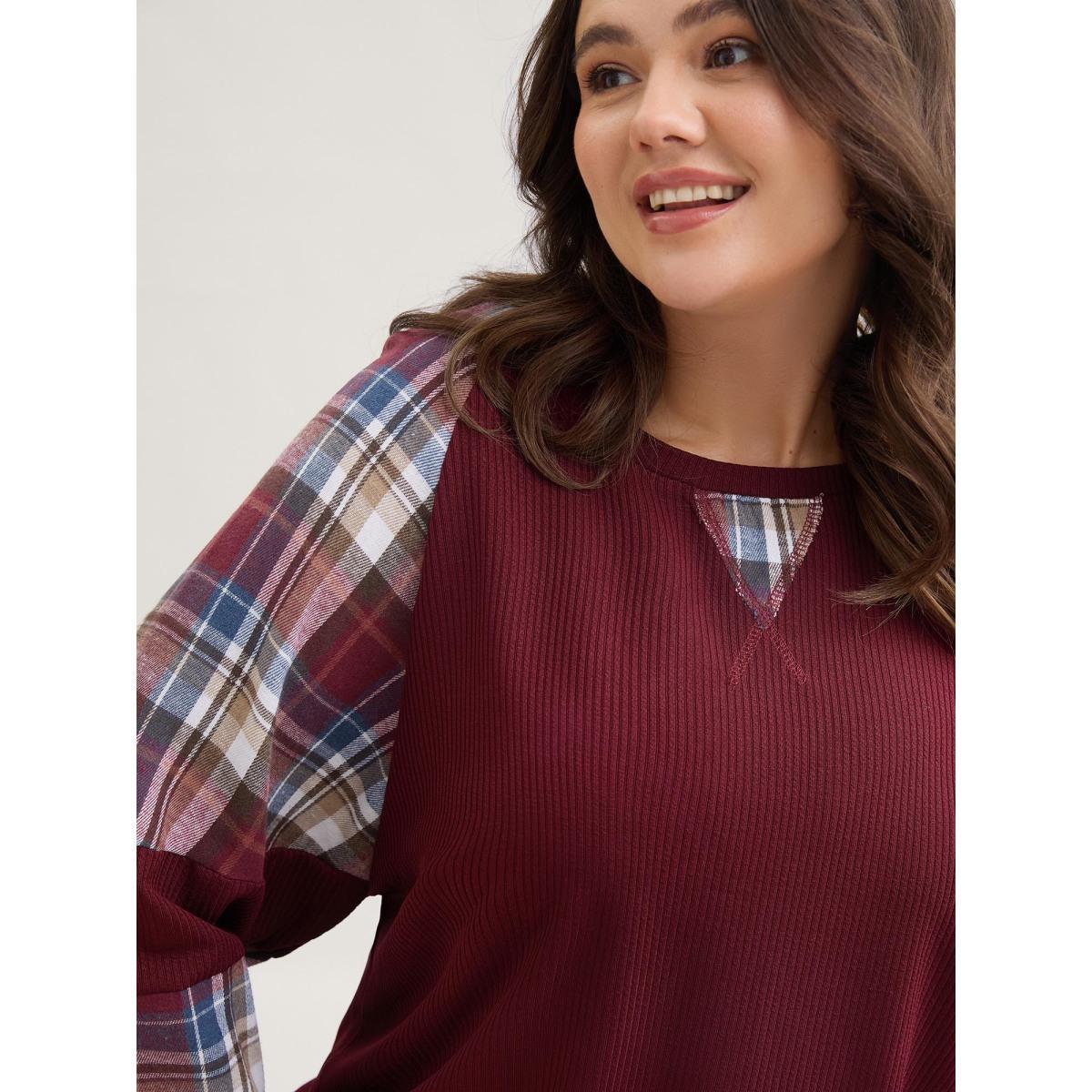 Plus Size Plaid Patchwork Raglan Sleeve Sweatshirt Women Burgundy Casual Texture Round Neck Everyday Sweatshirts BloomChic 30/6X Product Image