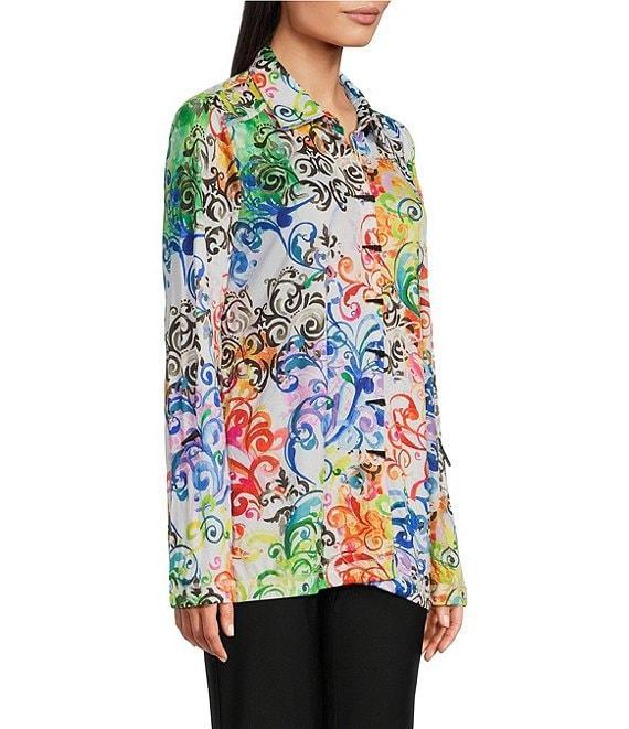 Ali Miles Abstract Print Point Collar 3/4 Roll Sleeve Button Front Tunic Product Image