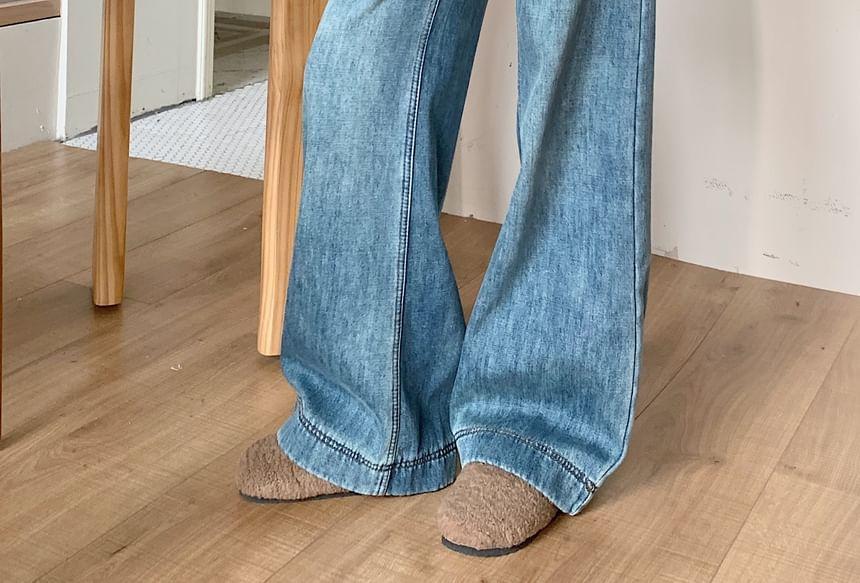 Fleece-Lined Leopard-Print Trim Flared Jeans Product Image