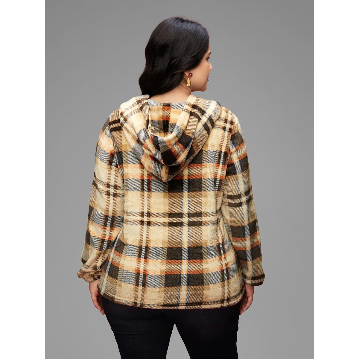 Plus Size Fuzzy Pullover Plaid Hoodie Women Multicolor Casual Button Loose Hooded Everyday Sweatshirts BloomChic 14-16/1X Product Image