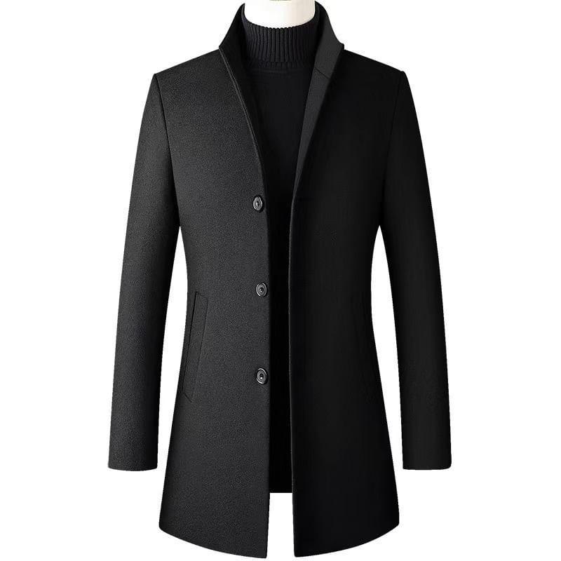 Stand Collar Plain Button-Up Coat Product Image