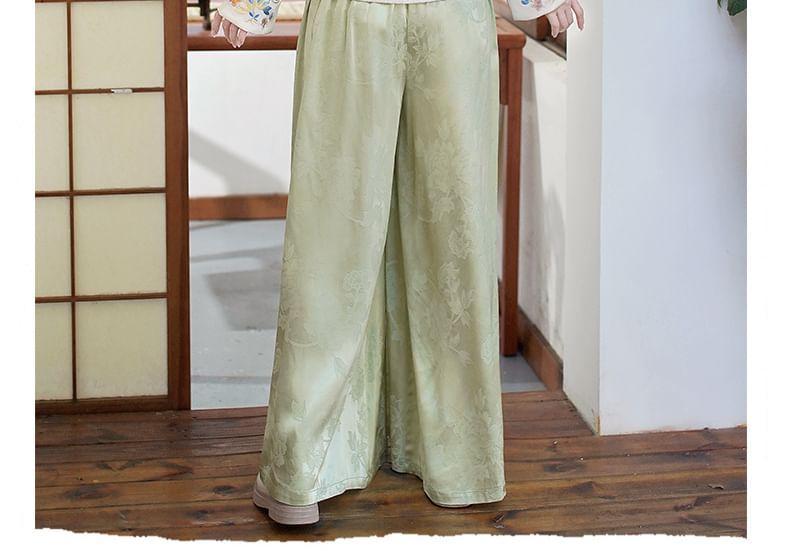 Long-Sleeve Floral Embroidered Top / High Waist Floral Jacquard Wide Leg Pants / Vest Product Image