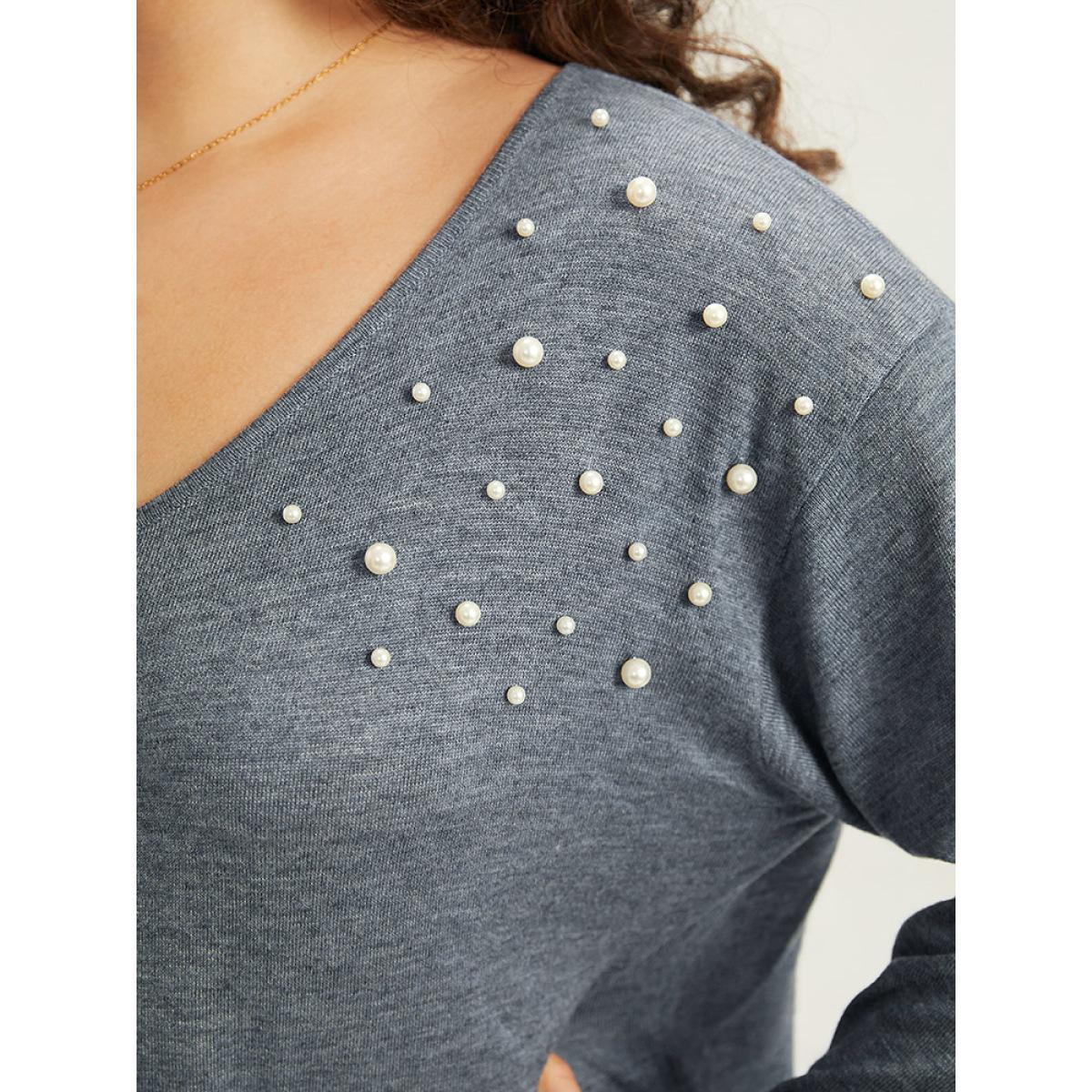 Plus Size Supersoft Essentials Heather Pearl Beaded V Neck Pullover SlateGray Women Casual Loose Long Sleeve V-neck Dailywear Pullovers BloomChic 28/5X Product Image