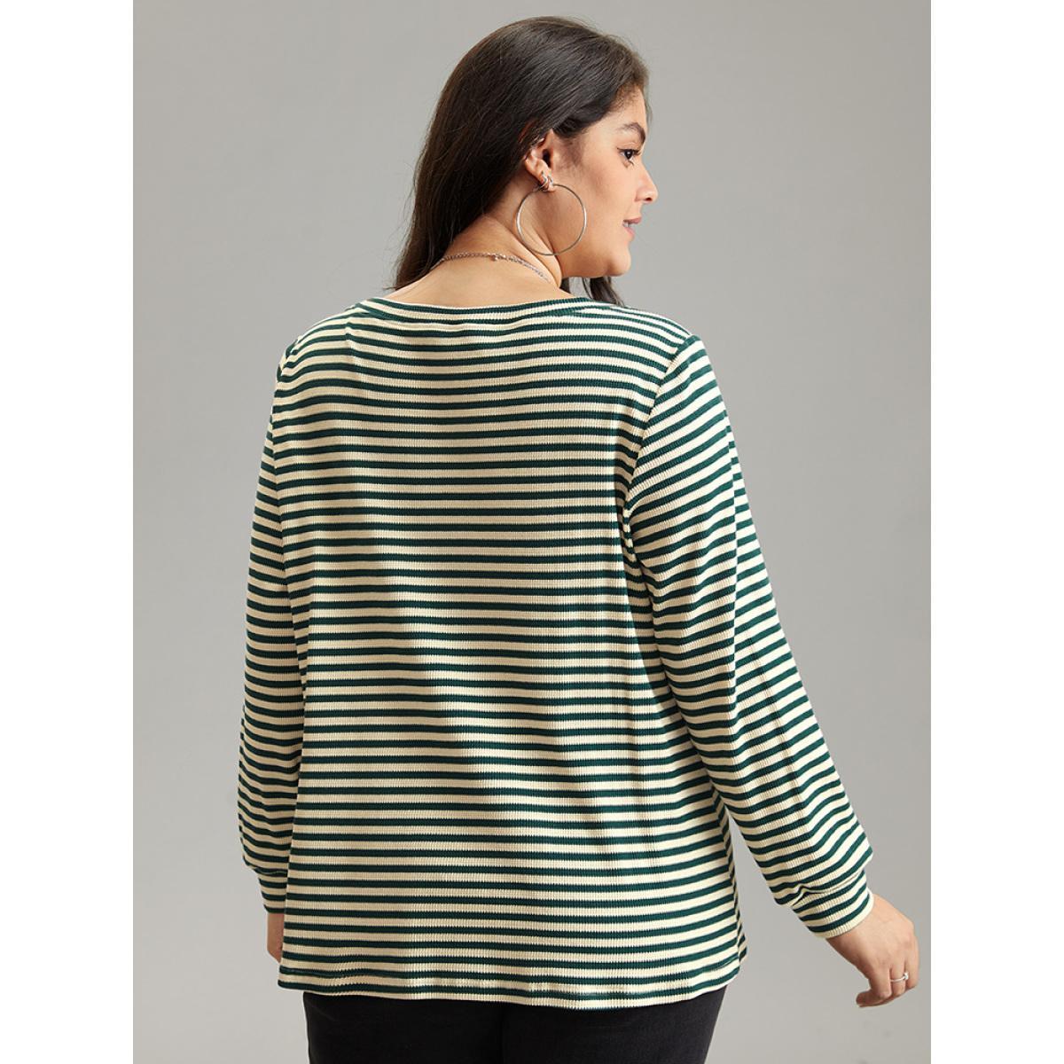 Plus Size Striped Two Tone Crew Neck Knit T-shirt Green Women Casual Waffle Knit Striped Round Neck Dailywear T-shirts BloomChic 28/5X Product Image