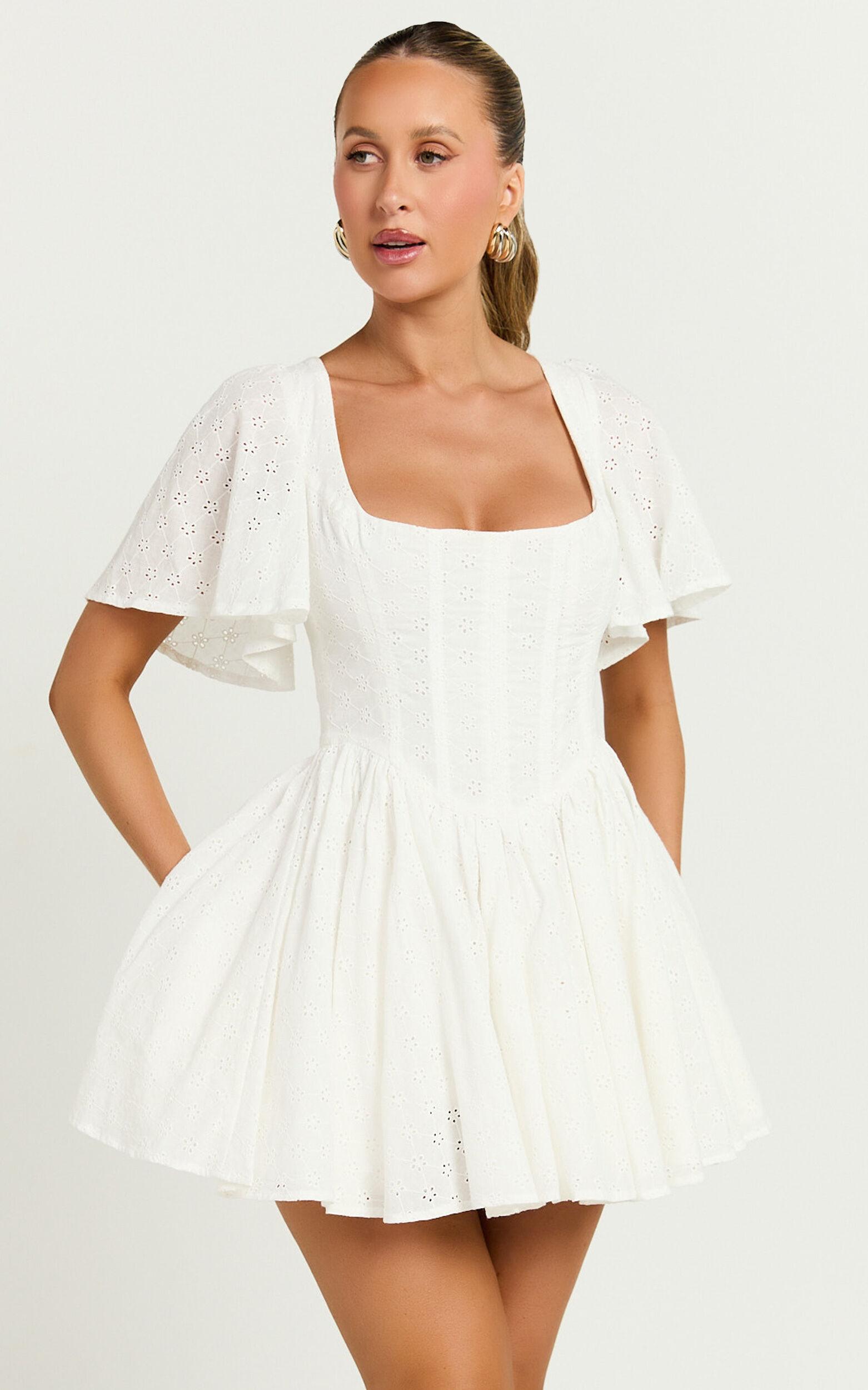 Edelyn Mini Dress - Corset Front Gathered Dress in White Product Image