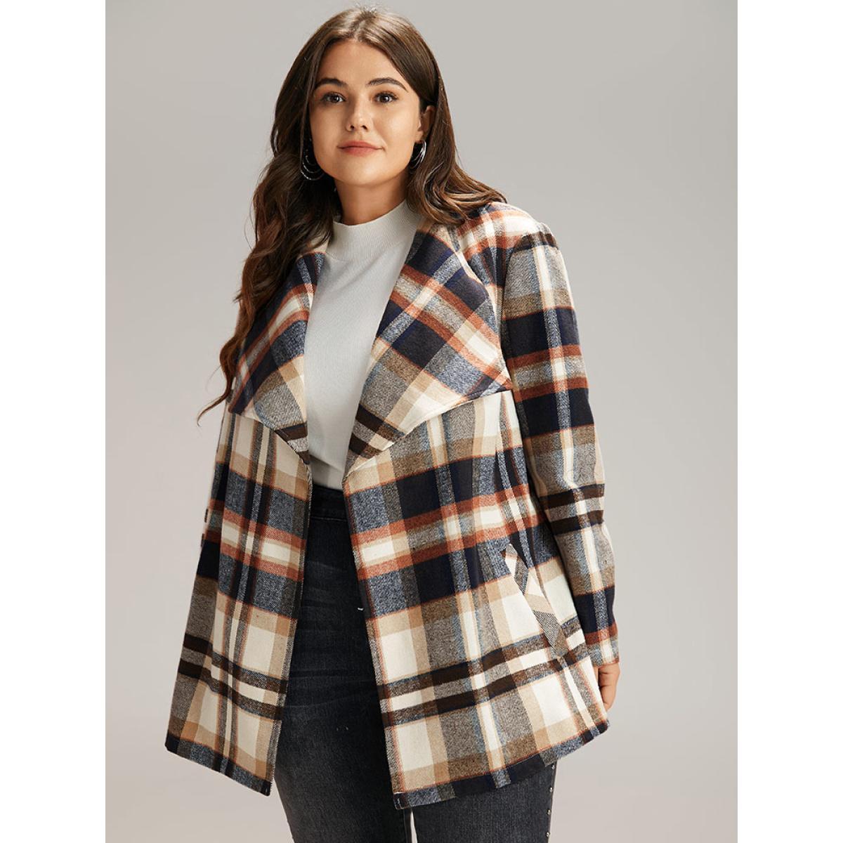 Plus Size Plaid Belted Lapel Collar Pocket Coat Women Tan Casual Belted Ladies Dailywear Winter Coats BloomChic 10/M Product Image