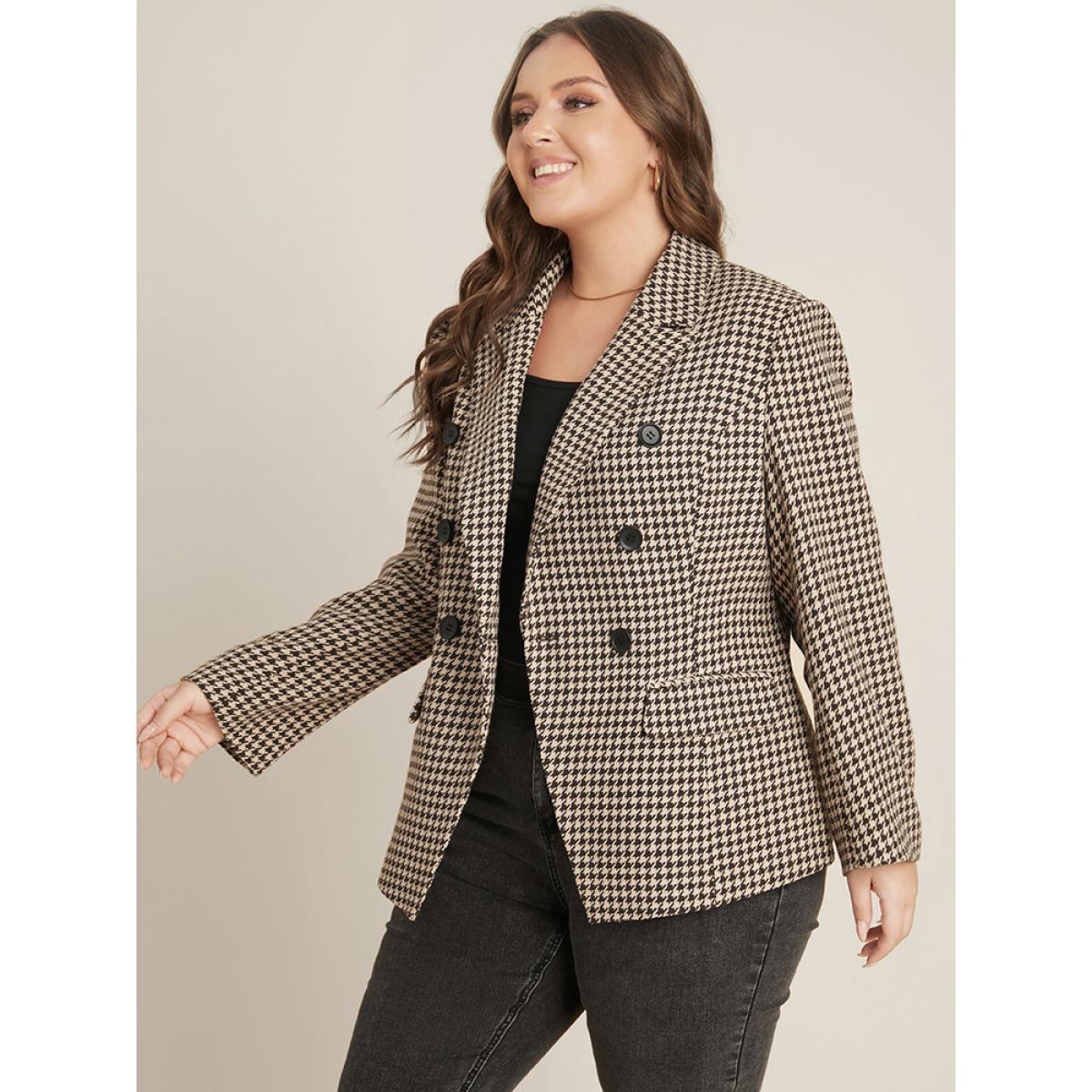 Plus Size Houndstooth Suit Collar Pocket Button Down Coat Women LightBrown Office Button Ladies Work Winter Coats BloomChic 10/M Product Image