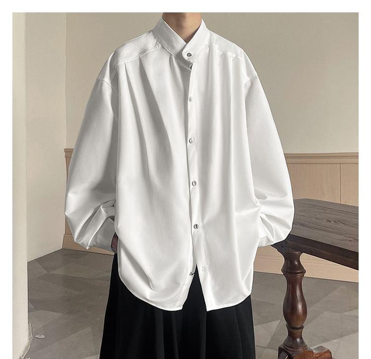 Long-Sleeve Stand Collar Plain Button-Up Shirt Product Image