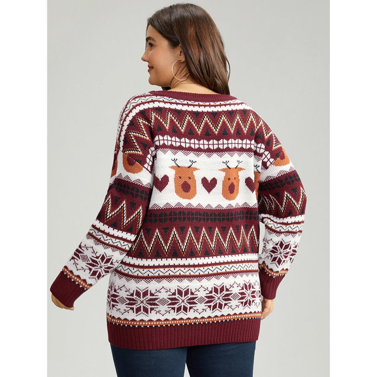 Plus Size Christmas Geometric Round Neck Pullover Scarlet Women Casual Long Sleeve Round Neck Festival-Christmas Pullovers BloomChic 30/6X Product Image