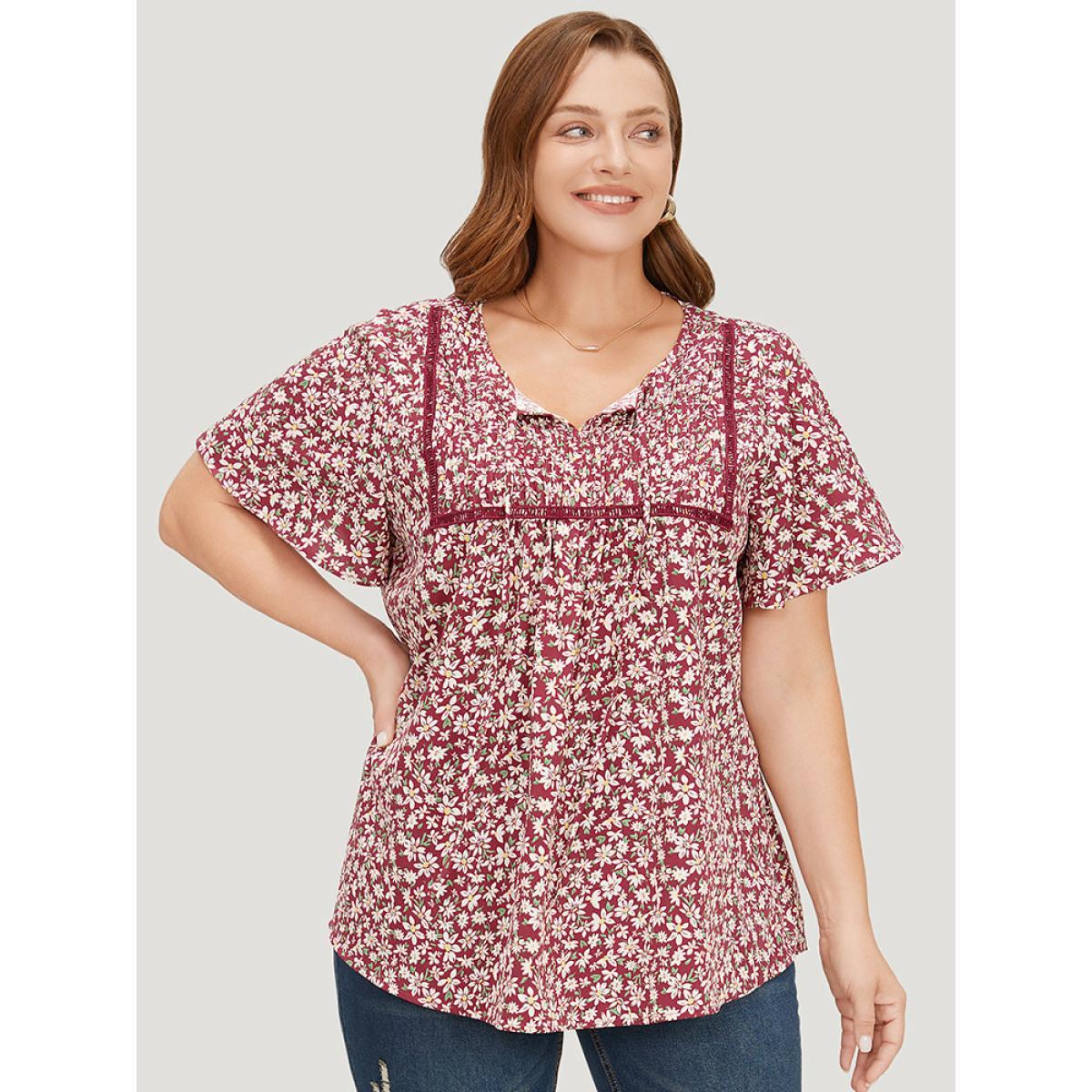 Plus Size RedViolet Ditsy Floral Lace Gathered Tie Neck Blouse Women Elegant Short sleeve Tie Neck Dailywear Blouses BloomChic 30/6X Product Image