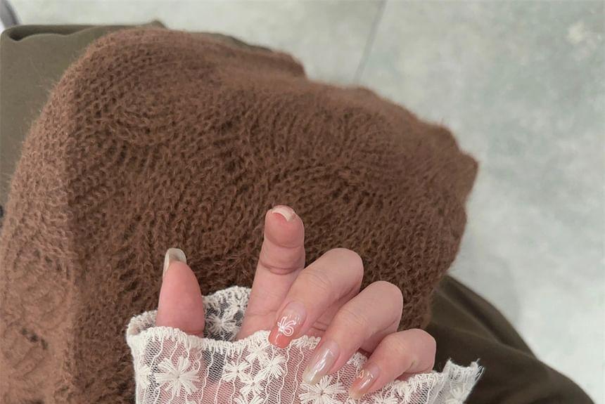 Puff-Sleeve Flower Embroidered Lace Blouse / V-Neck Plain Flower Detail Pointelle Knit Cardigan Product Image