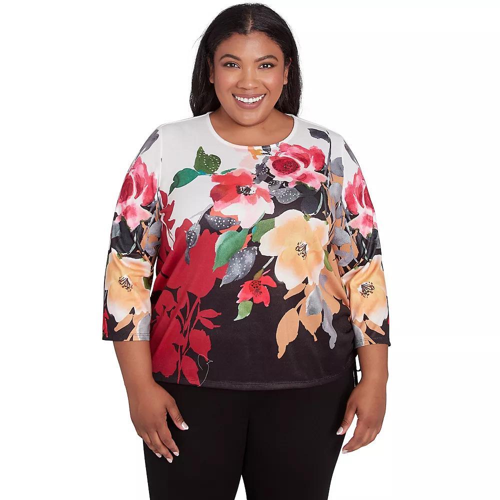 Plus Size Alfred Dunner Floral Drawstring Hem Top, Women's, Size: 1XL, Grey Product Image