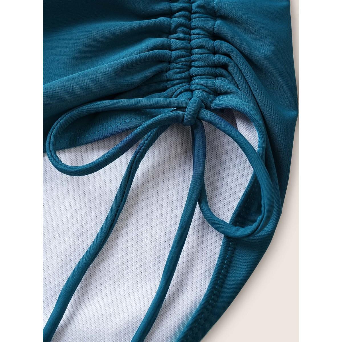 Plus Size Plain Ruched Crossover Drawstring One Piece Swimsuit Women's Swimwear Cyan Beach Twist Curve Bathing Suits High stretch One Pieces BloomChic 28/5X Product Image
