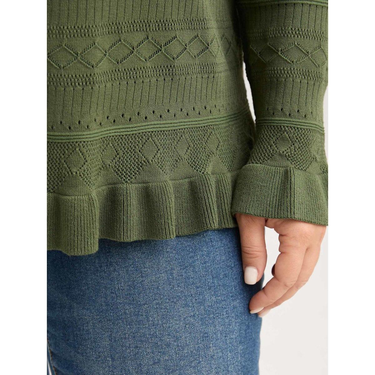 Plus Size Ruffled Hem Front Tie Textured Lightweight Cardigan ArmyGreen Women Loose Long Sleeve Everyday-Elegant Cardigans BloomChic 10/M Product Image