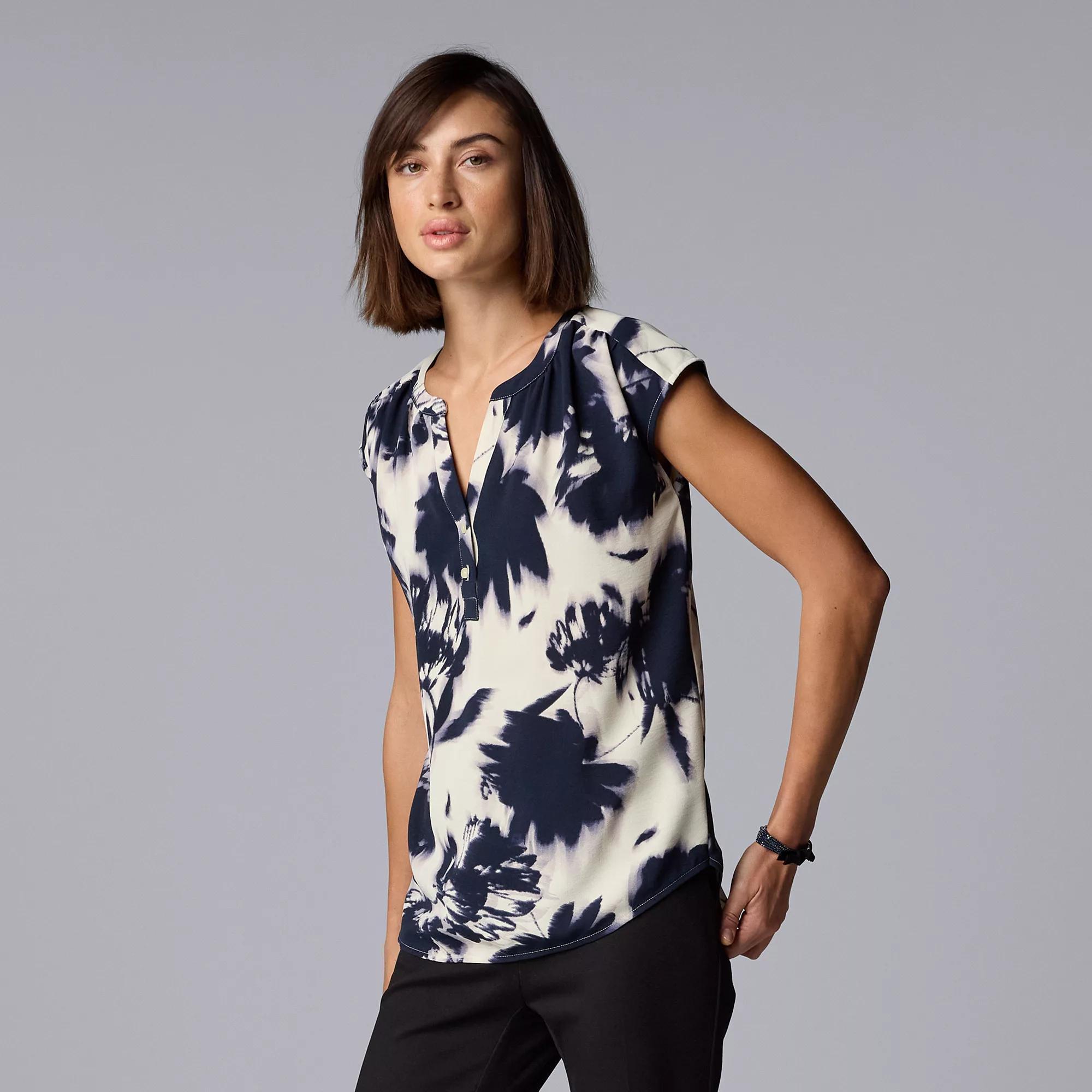 Petite Simply Vera Vera Wang Short Sleeve Dolman Popover Top, Women's, Size: XL Petite, Beige Navy Floral Product Image