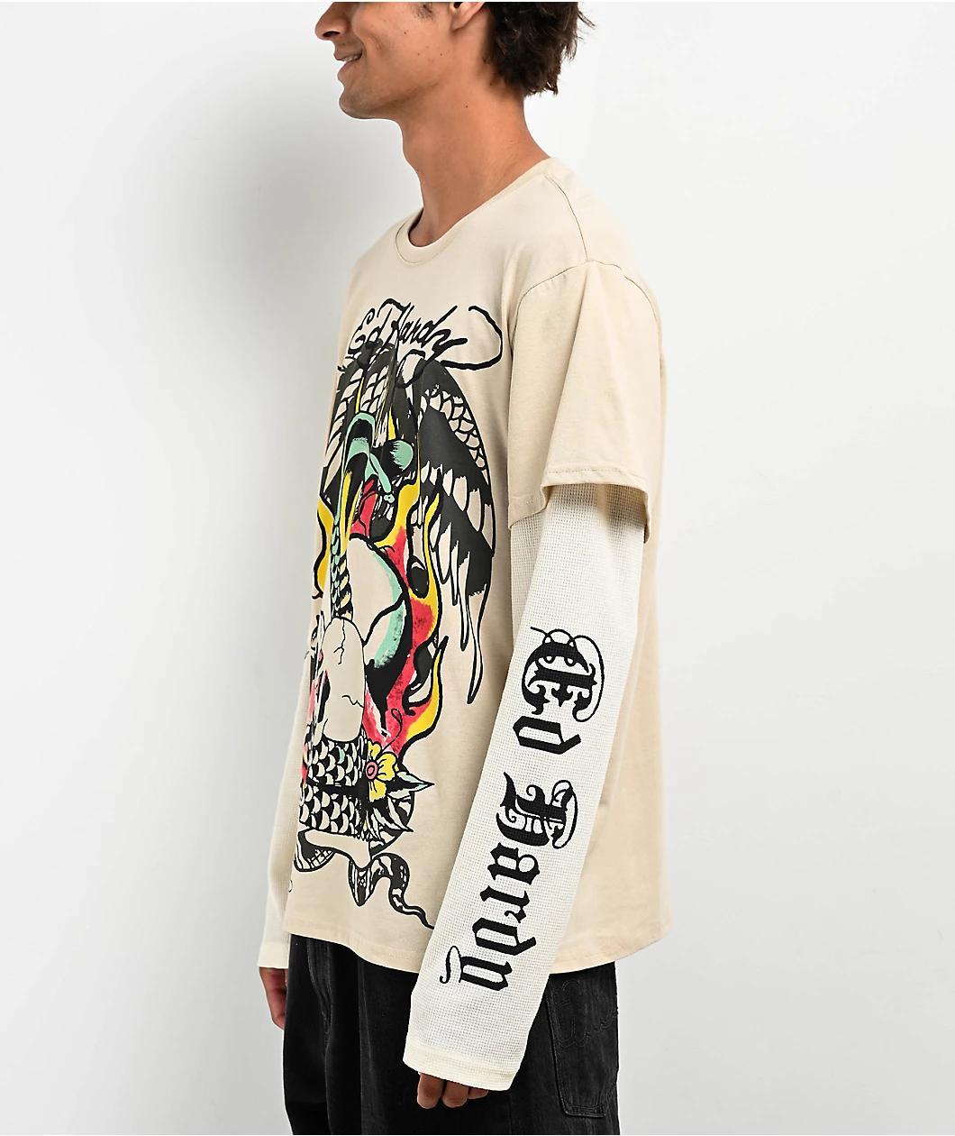 Ed Hardy Cobra Skull Beige & Cream 2fer Long Sleeve T-Shirt Product Image