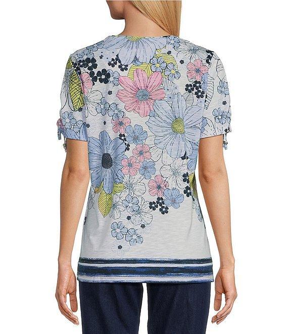 Allison Daley Daisy Cascade Border Print Short Ruched Tie Sleeve Crew Neck Knit Top Product Image