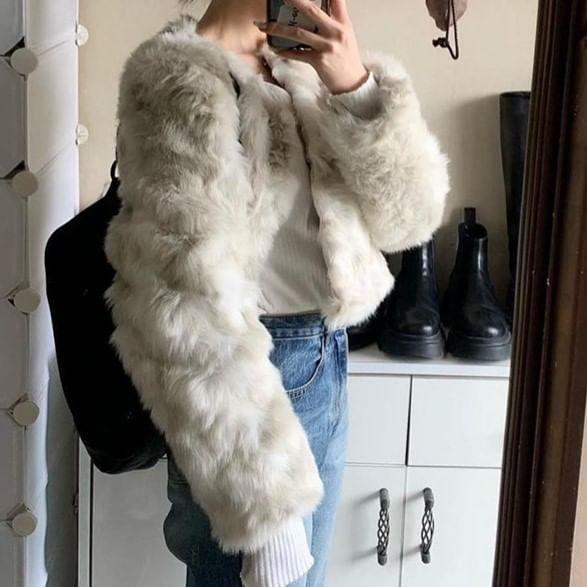 Crew Neck Plain Fluffy Open Front Crop Jacket Product Image