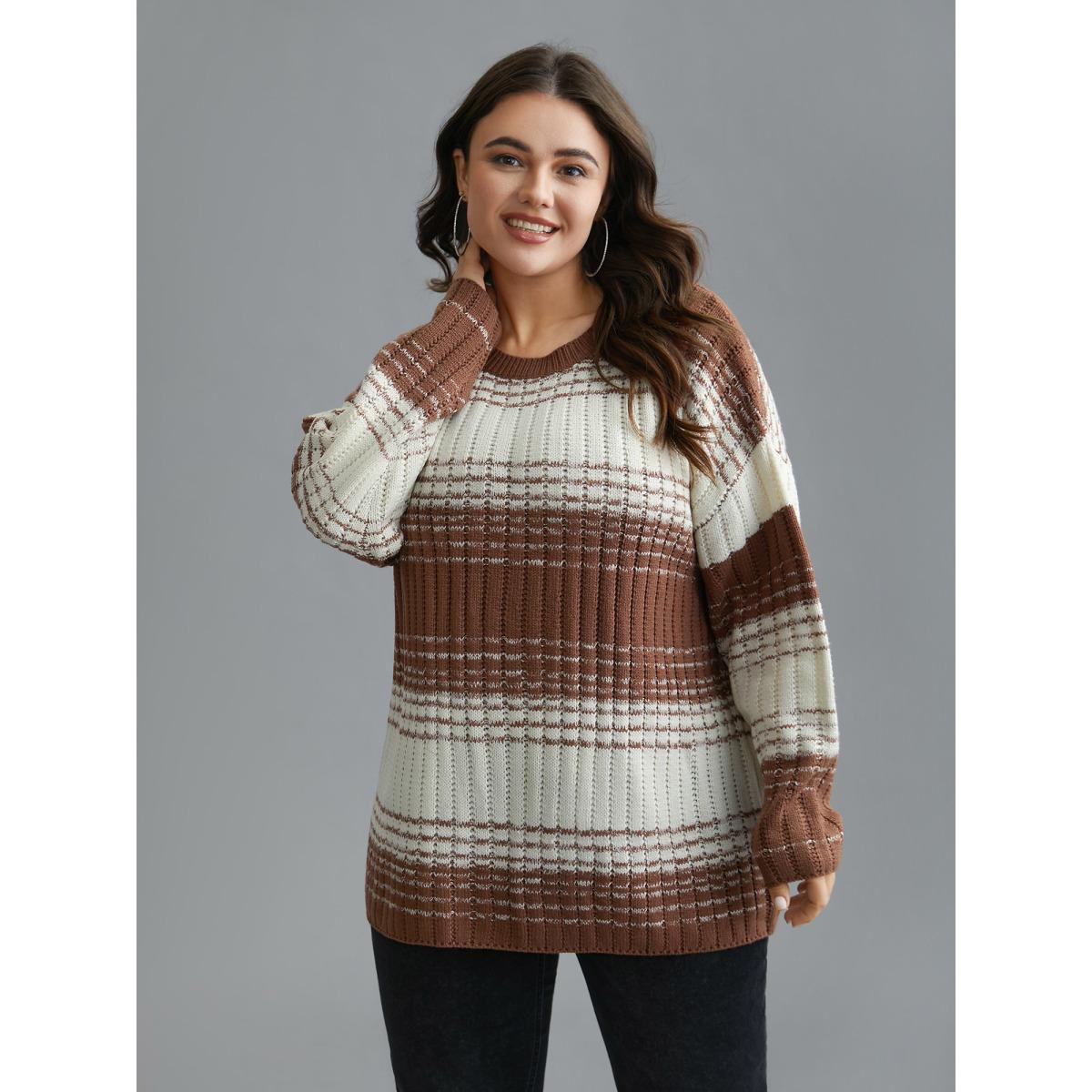Plus Size Contrast Textured Crew Neck Pullover Browncoffeecolor Women Casual Loose Long Sleeve Round Neck Everyday Pullovers BloomChic 12/L Product Image