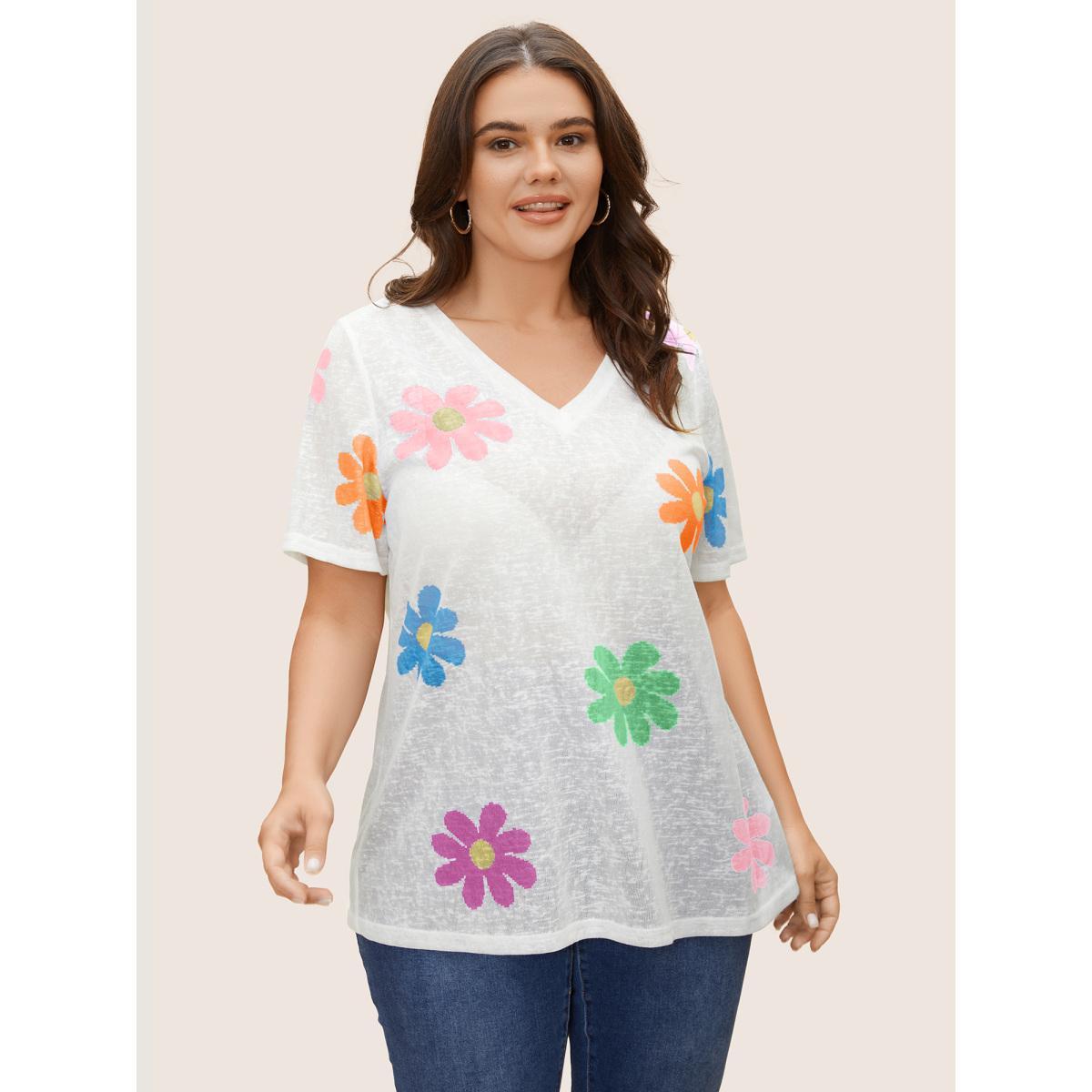 Plus Size Colored Floral V Neck See Through T-Shirt WhiteSmoke Women Casual See through Art&design V-neck Everyday T-shirts BloomChic 10/M Product Image