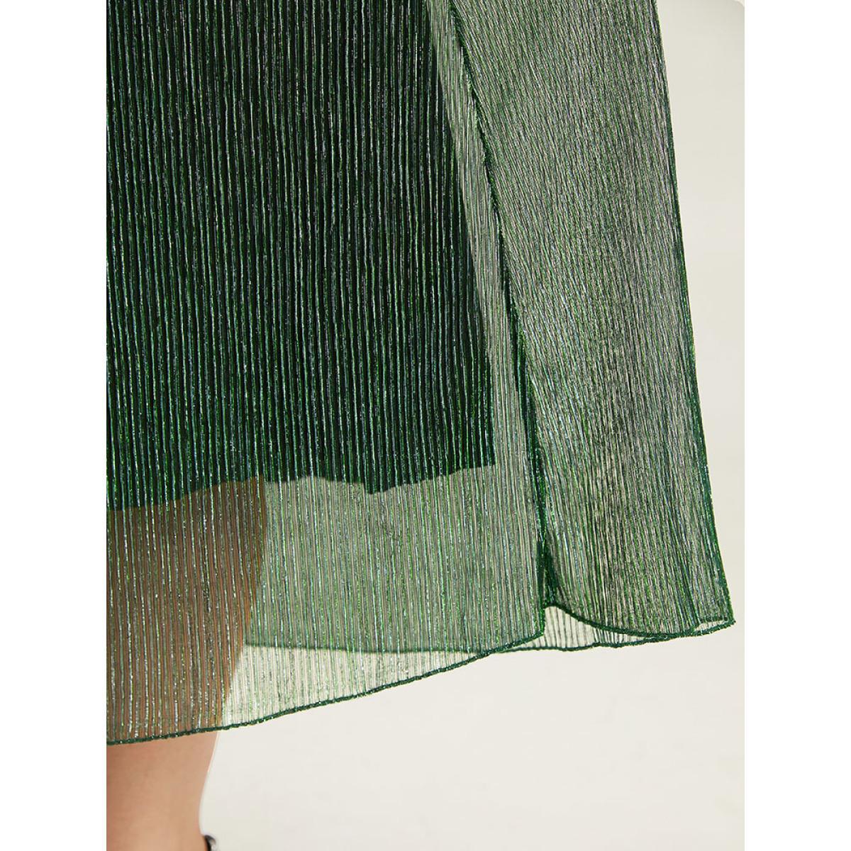 Plus Size Plain Texture Elastic Waist Shirred Mesh Dress DarkGreen Women Cocktail Texture V-neck Long Sleeve Curvy Midi Dress BloomChic 26/4X Product Image