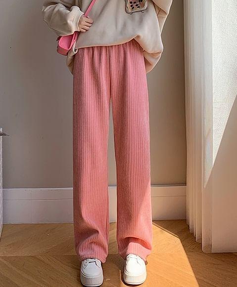 High Rise Plain Ribbed Loose Fit Pants Product Image