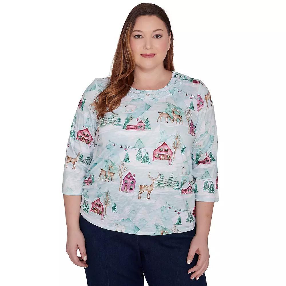 Plus Size Alfred Dunner Triple Notch Neck Deer Village Top, Women's, Size: 2XL, Multi Green Product Image