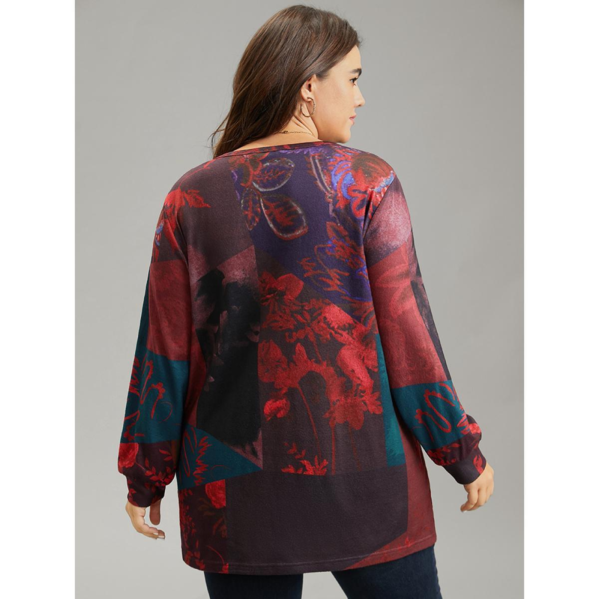 Plus Size Floral Print Contrast Notched Sweatshirt Women Multicolor Casual Printed Notched collar Dailywear Sweatshirts BloomChic 26/4X Product Image