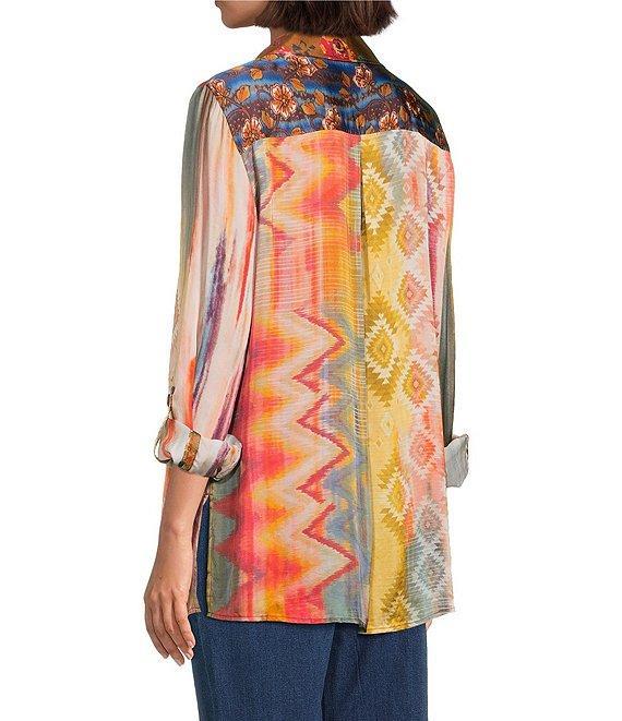 John Mark Chevron Tie-Dye Multi Print Point Collar Long Roll Tab Sleeve Button Front Blouse Product Image