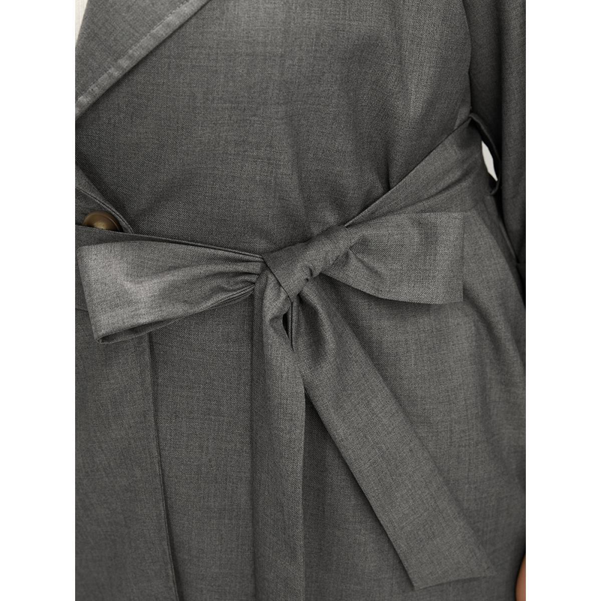 Plus Size Plain Lapel Collar Pocket Roll Sleeve Belted Coat Women Gray Office Pocket Ladies Dailywear Winter Coats BloomChic 26/4X Product Image
