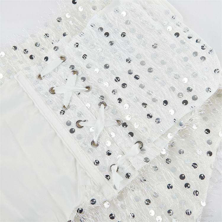 Sequin Fringed Lace-Up Back Bustier Top Product Image